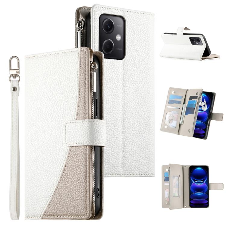 Funda de cuero con cremallera para Redmi Note 12 5G Global / Xiaomi Poco X5, con costuras, para múltiples tarjetas y correa corta (blanca)