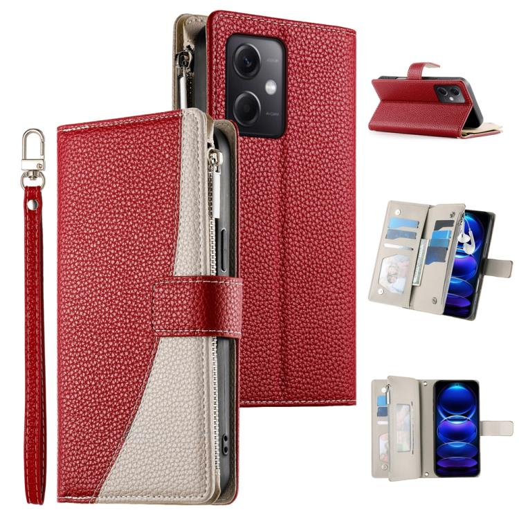 Funda de cuero con cremallera para Redmi Note 12 5G Global / Xiaomi Poco X5, con costuras, para múltiples tarjetas y correa corta (roja)