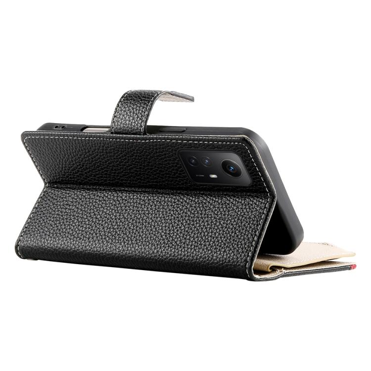 Funda de cuero con cremallera para Redmi Note 12S 4G / Note 11 4G, con costuras globales, múltiples tarjetas y correa corta (negra)