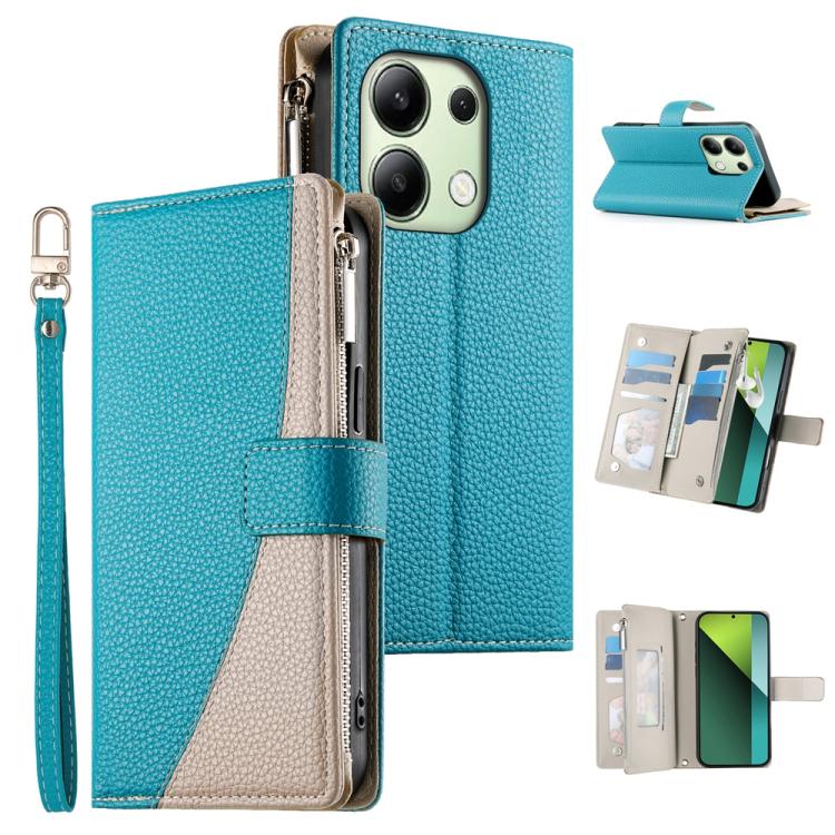 Funda de cuero con cremallera para Redmi Note 13 4G, con costuras globales, múltiples tarjetas y correa corta (azul)