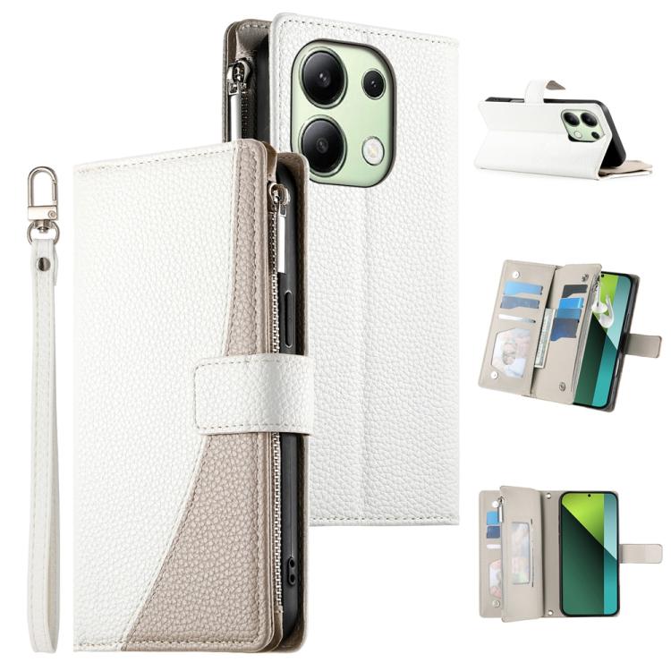 Funda de cuero con cremallera para Redmi Note 13 4G, con costuras globales, para múltiples tarjetas y correa corta (blanca)