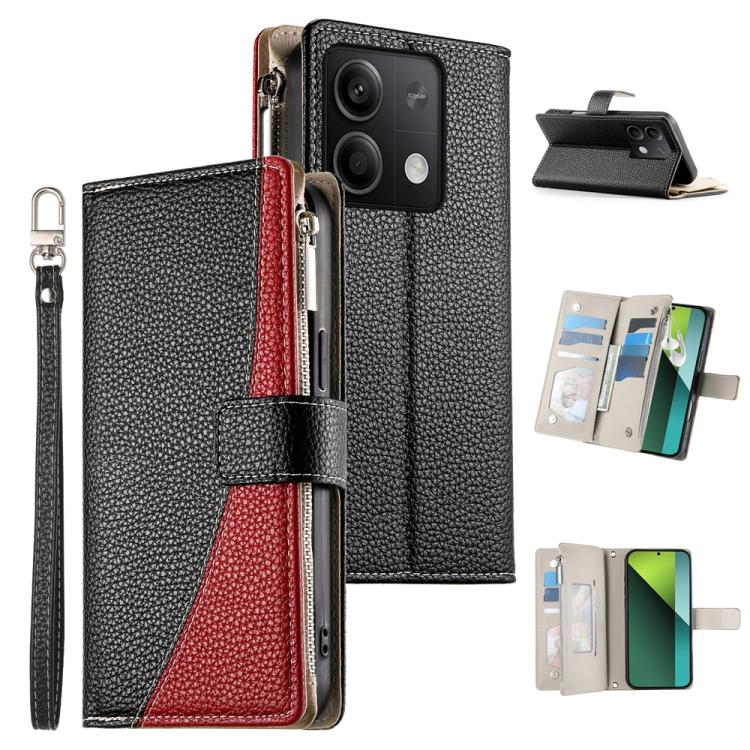 Funda de cuero con cremallera para Redmi Note 13 5G, con costuras globales y múltiples tarjetas, con correa corta (negra)