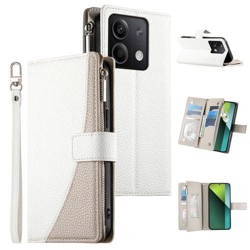 Funda de cuero con cremallera para Redmi Note 13 5G, con costuras globales, para múltiples tarjetas y correa corta (blanca)