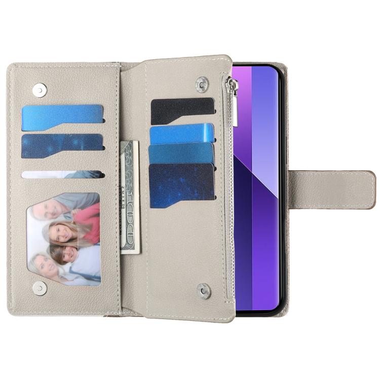 Funda de cuero con cremallera para Redmi Note 13 Pro 4G / Poco M6 Pro, con costuras, para múltiples tarjetas y correa corta (azul)
