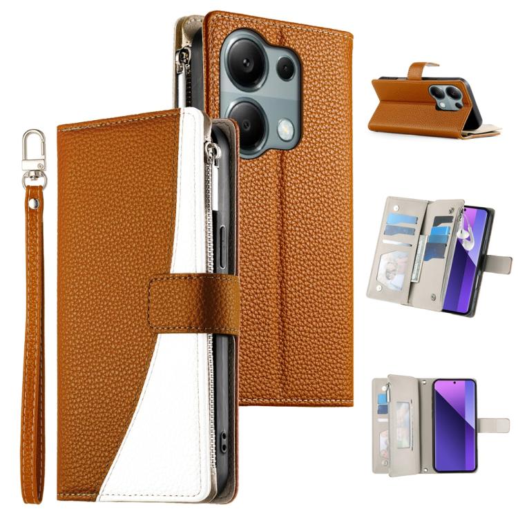 Funda de cuero con cremallera para Redmi Note 13 Pro 4G / Poco M6 Pro, con costuras, para múltiples tarjetas y correa corta (marrón)