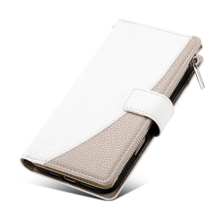 Funda de cuero con cremallera para Redmi Note 13 Pro y Xiaomi Poco X6, con costuras, para múltiples tarjetas y correa corta (blanca)