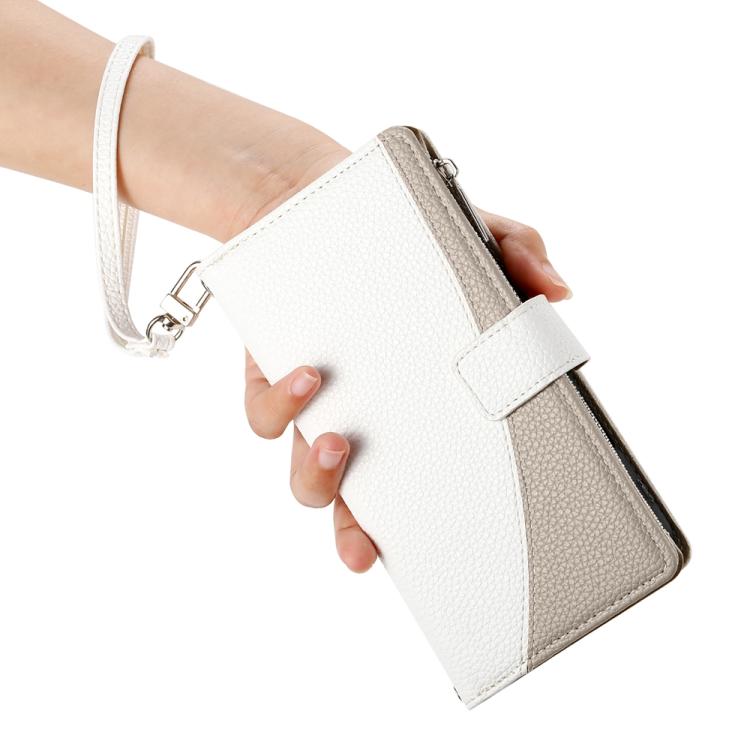 Funda de cuero con cremallera para Redmi Note 13 Pro y Xiaomi Poco X6, con costuras, para múltiples tarjetas y correa corta (blanca)