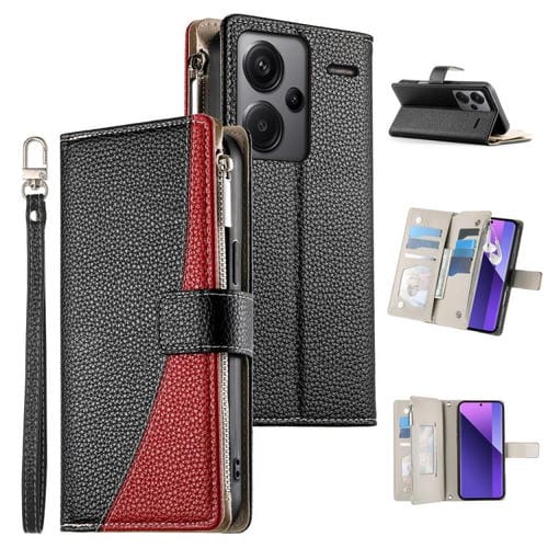 Funda de cuero tipo billetera con cremallera para Redmi Note 13 Pro+, con costuras globales y múltiples tarjetas, con correa corta (negra)