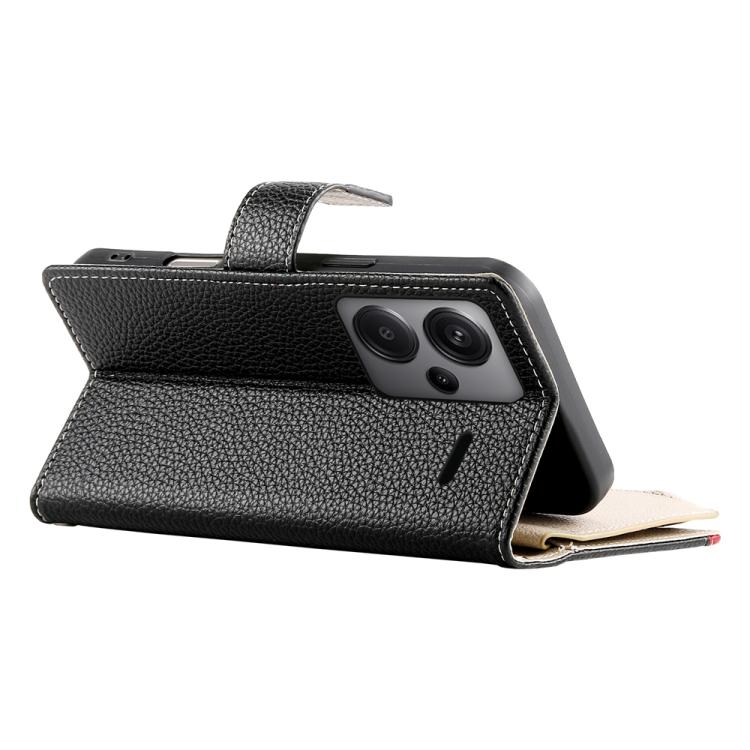 Funda de cuero tipo billetera con cremallera para Redmi Note 13 Pro+, con costuras globales y múltiples tarjetas, con correa corta (negra)