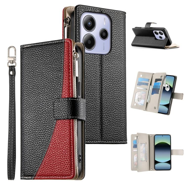 Funda de cuero con cremallera para Redmi Note 14 4G, 163,25 mm, con múltiples tarjetas y correa corta (negra)