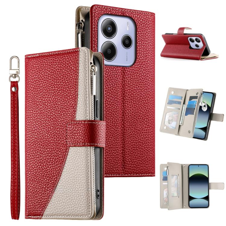 Funda de cuero con cremallera para Redmi Note 14 4G, 163,25 mm, con múltiples tarjetas y correa corta (roja)