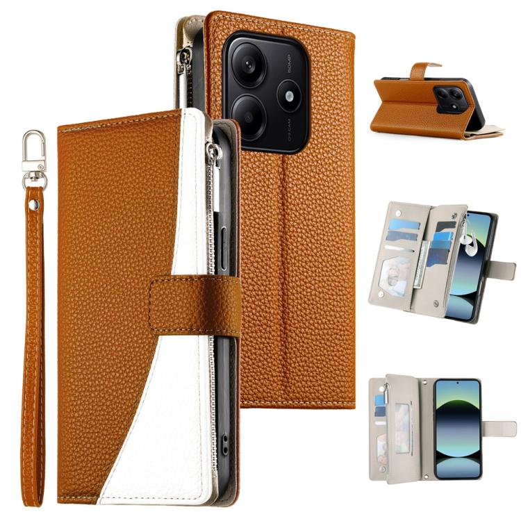 Funda de cuero con cremallera para Redmi Note 14 5G, con costuras globales y múltiples tarjetas, con correa corta (marrón)
