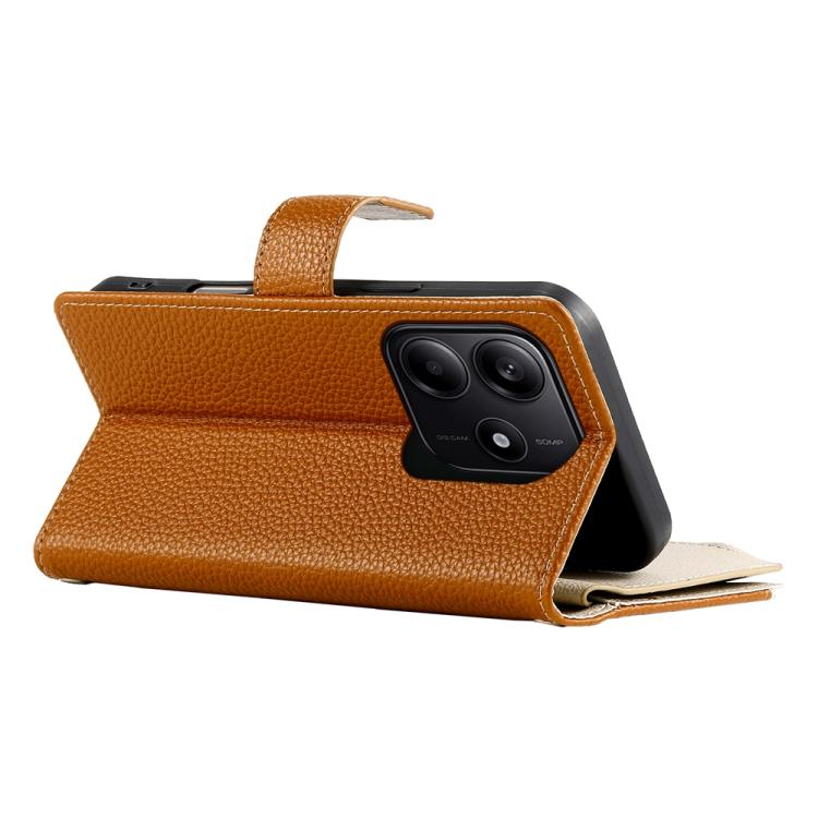Funda de cuero con cremallera para Redmi Note 14 5G, con costuras globales y múltiples tarjetas, con correa corta (marrón)