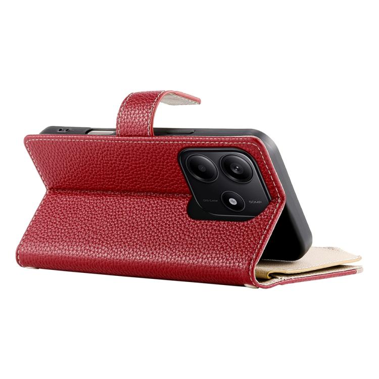 Funda de cuero con cremallera para Redmi Note 14 5G, con costuras globales, múltiples tarjetas y correa corta (roja)