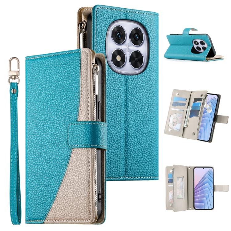 Funda de cuero con cremallera para Redmi Note 14 Pro 5G / Note 14 Pro+ 5G, con costuras, para múltiples tarjetas y correa corta (azul)