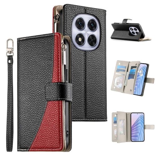 Funda de cuero con cremallera para Redmi Note 14 Pro 5G / Note 14 Pro+ 5G, con costuras, para múltiples tarjetas y correa corta (negra)