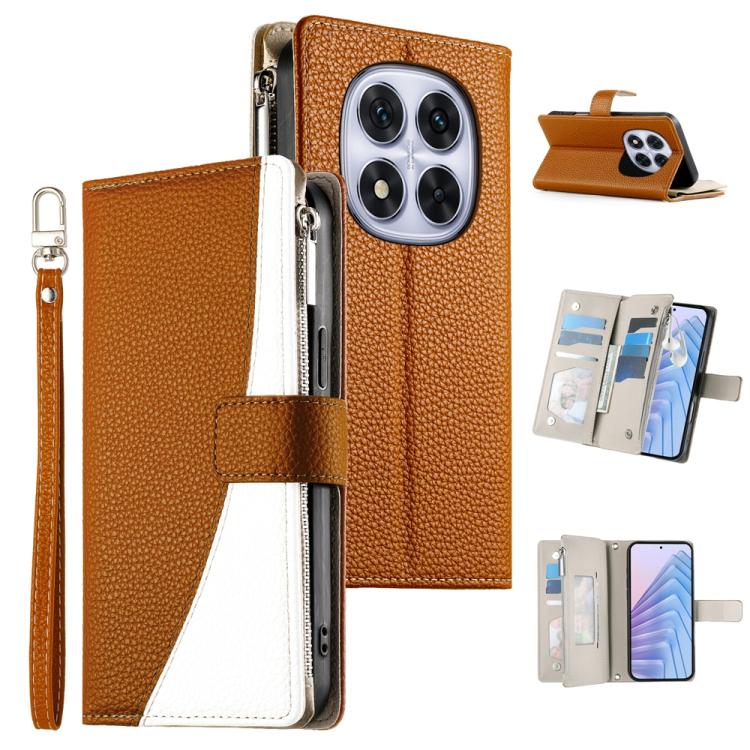 Funda de cuero con cremallera para Redmi Note 14 Pro 5G / Note 14 Pro+ 5G, con costuras, para múltiples tarjetas y correa corta (marrón)