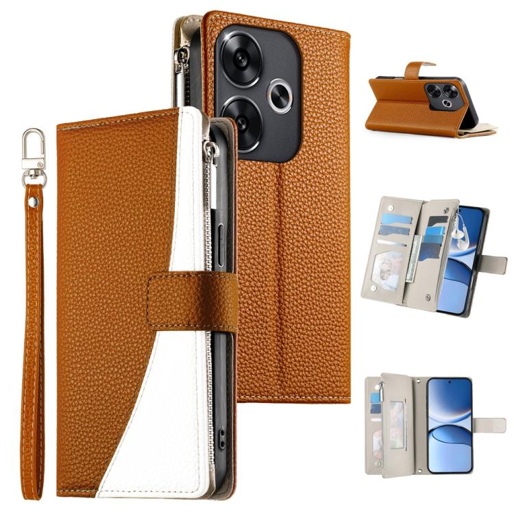 Funda de cuero con cremallera para Redmi Turbo 3 y Xiaomi Poco F6, con costuras, para múltiples tarjetas y correa corta (marrón)