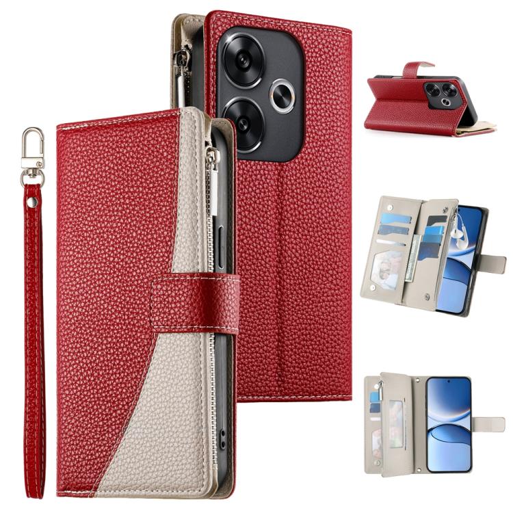 Funda de cuero con cremallera para Redmi Turbo 3 y Xiaomi Poco F6, con costuras, para múltiples tarjetas y correa corta (roja)