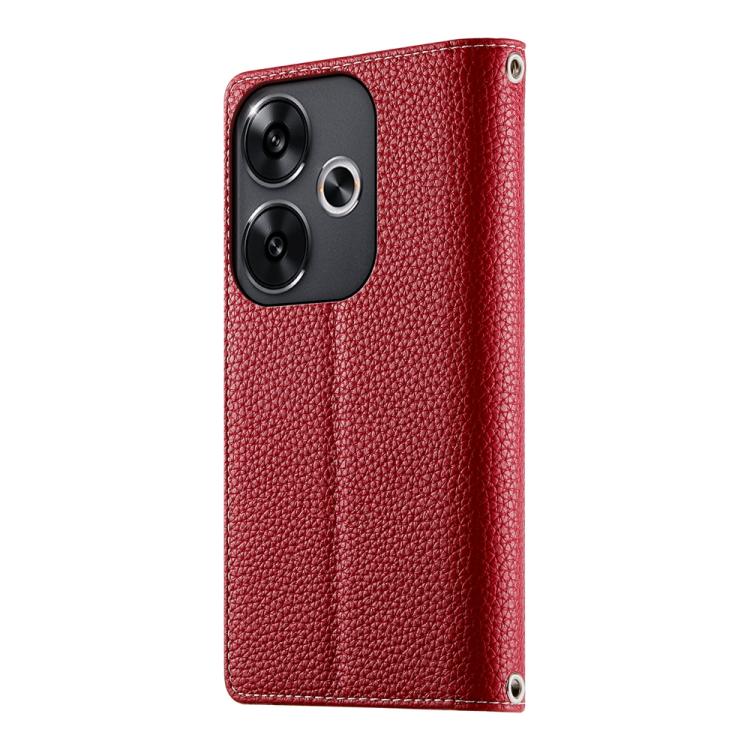 Funda de cuero con cremallera para Redmi Turbo 3 y Xiaomi Poco F6, con costuras, para múltiples tarjetas y correa corta (roja)