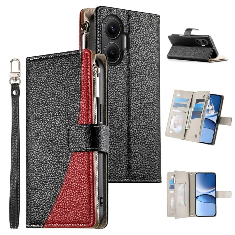 Funda de cuero con cremallera para Redmi Turbo 4 Pro y Xiaomi Poco F7, con costuras, para múltiples tarjetas y correa corta (negra)
