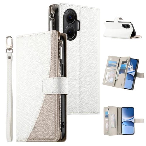 Funda de cuero con cremallera para Redmi Turbo 4 Pro y Xiaomi Poco F7, con costuras, para múltiples tarjetas y correa corta (blanca)
