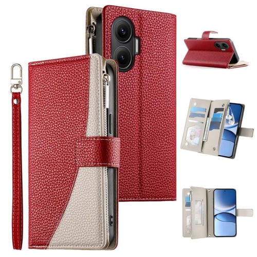 Funda de cuero con cremallera para Redmi Turbo 4 Pro y Xiaomi Poco F7, con costuras, múltiples tarjetas y correa corta (roja)