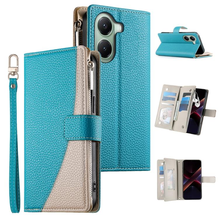 Funda de cuero con cremallera para Redmi Turbo 4 / Xiaomi Poco X7 Pro, con costuras, múltiples tarjetas y correa corta (azul)