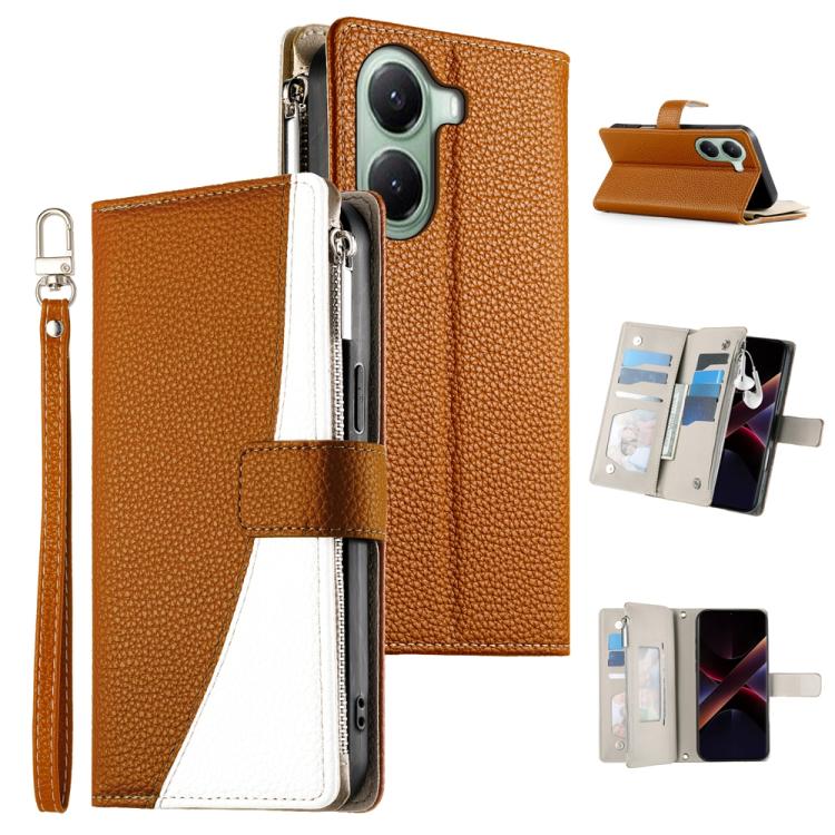 Funda de cuero con cremallera para Redmi Turbo 4 / Xiaomi Poco X7 Pro, con costuras, para múltiples tarjetas y correa corta (marrón)