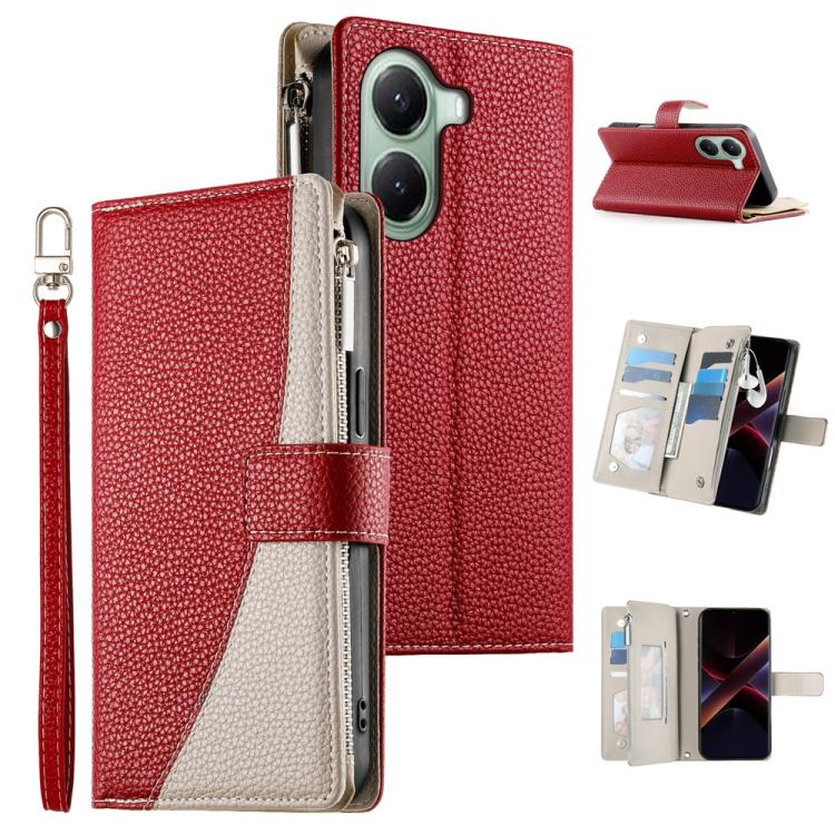Funda de cuero con cremallera para Redmi Turbo 4 / Xiaomi Poco X7 Pro, con costuras, para múltiples tarjetas y correa corta (roja)