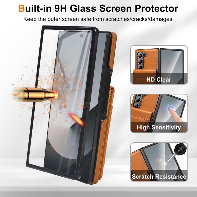 Funda de cuero con película templada integrada para Samsung Galaxy Z Fold6 (marrón)