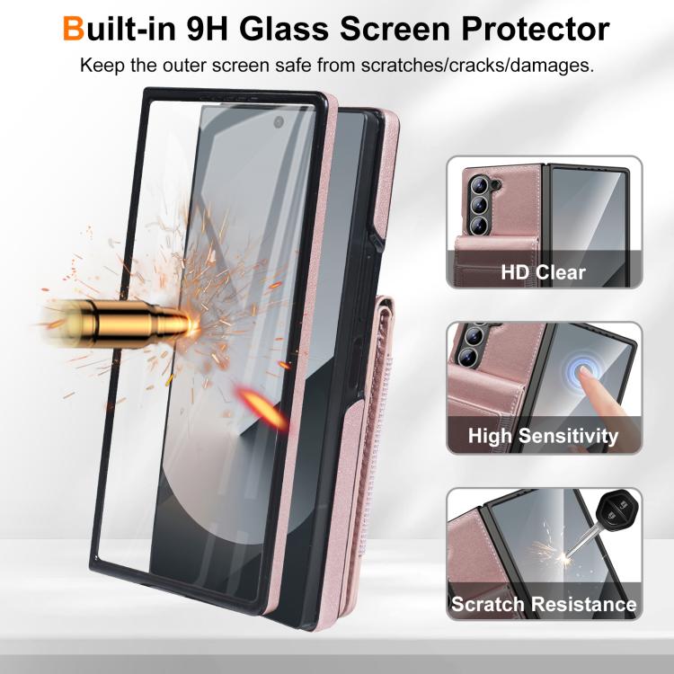 Funda de cuero con película templada integrada para Samsung Galaxy Z Fold6 (oro rosa)