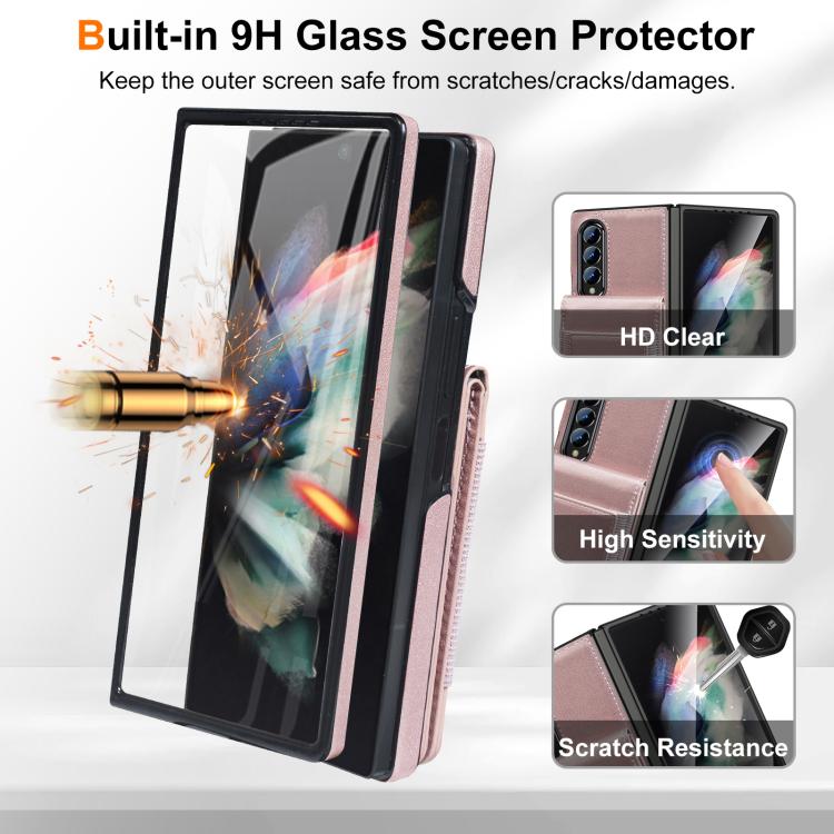 Funda de cuero con película templada integrada para Samsung Galaxy Z Fold3 (oro rosa)