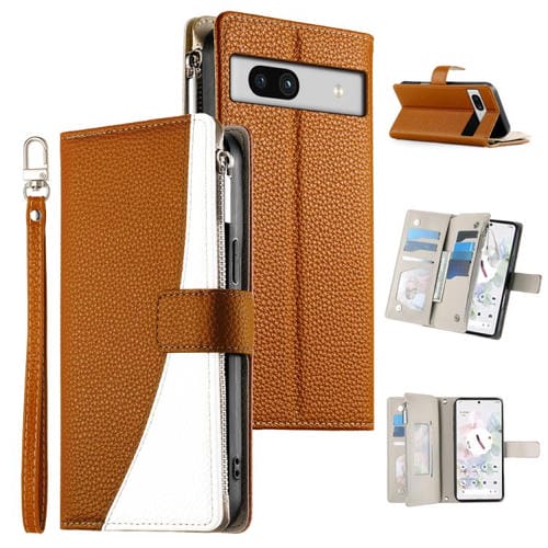 Funda de cuero con cremallera para Google Pixel 7a, con múltiples tarjetas y costuras, con correa corta (marrón)