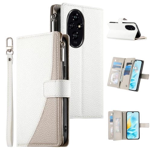 Funda de cuero con cremallera para teléfono con múltiples tarjetas y costuras para Honor 200 (blanco)