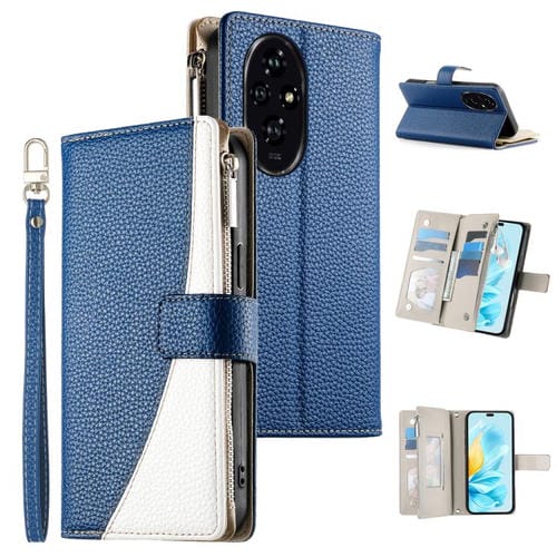 Funda de cuero con cremallera para teléfono con múltiples tarjetas y costuras para Honor 200 (azul oscuro)