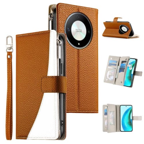 Funda de cuero con cremallera y múltiples tarjetas para Honor X50/Honor X9b, con costuras y correa corta (marrón)
