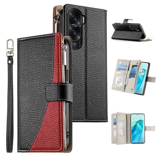 Funda de cuero tipo billetera con cremallera y múltiples tarjetas, con costuras y correa corta para Honor X50i/Honor 90 Lite (negra)