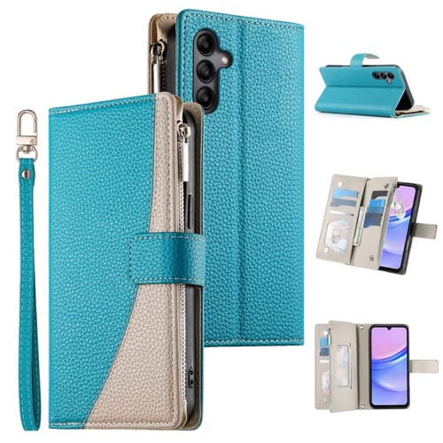 Funda de cuero tipo billetera con cremallera y múltiples tarjetas para Samsung Galaxy A05s, con costuras y correa corta (azul)