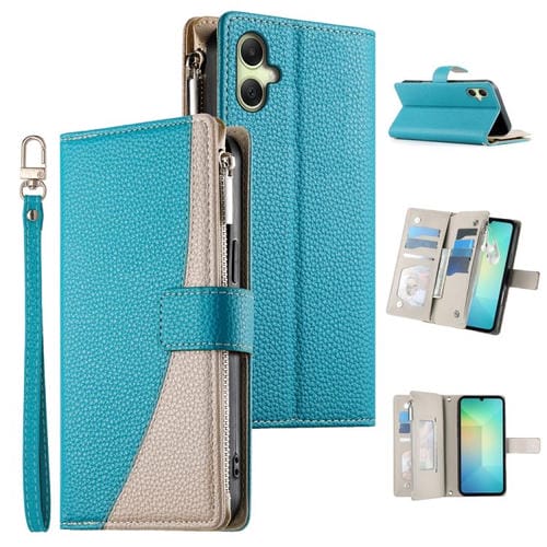 Funda de cuero con cremallera y múltiples tarjetas para Samsung Galaxy A06 4G / 5G / A07 4G con costuras y correa corta (azul)