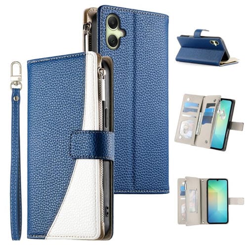 Funda de cuero con cremallera para Samsung Galaxy A06 4G / 5G / A07 4G, con costuras, múltiples tarjetas y correa corta (azul oscuro)