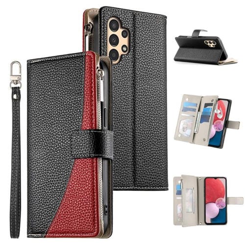 Funda de cuero tipo billetera con cremallera y múltiples tarjetas para Samsung Galaxy A13 4G / 5G / A04 / A04s, con costuras y correa corta (negra)