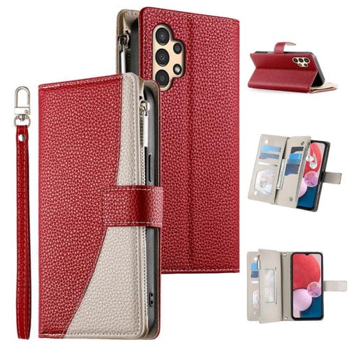 Funda de cuero con cremallera para Samsung Galaxy A13 4G / 5G / A04 / A04s, con costuras, múltiples tarjetas y correa corta (roja)