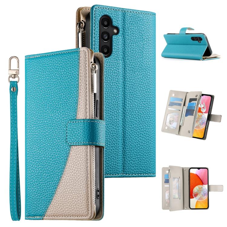 Funda de cuero tipo billetera con cremallera y múltiples tarjetas para Samsung Galaxy A14 4G/5G con costuras y correa corta (azul)