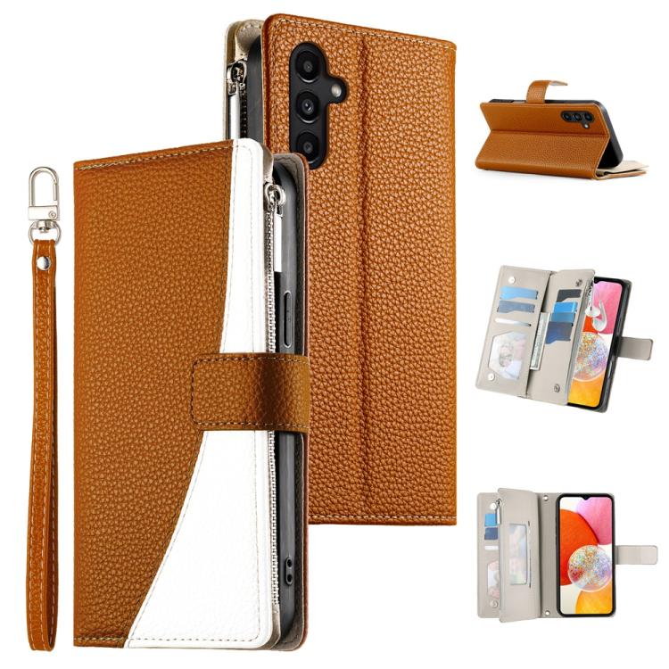 Funda de cuero con cremallera para Samsung Galaxy A14 4G/5G, con costuras, para múltiples tarjetas y correa corta (marrón)