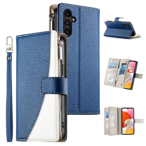 Funda de cuero con cremallera para Samsung Galaxy A14 4G/5G, con costuras, para múltiples tarjetas y correa corta (azul oscuro)