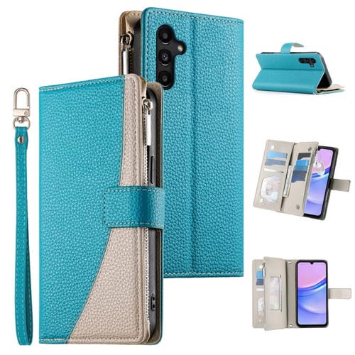 Funda de cuero tipo billetera con cremallera y múltiples tarjetas para Samsung Galaxy A15 4G/5G con costuras y correa corta (azul)