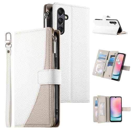 Funda de cuero tipo billetera con cremallera y múltiples tarjetas para Samsung Galaxy A24 4G, con costuras y correa corta (blanca)