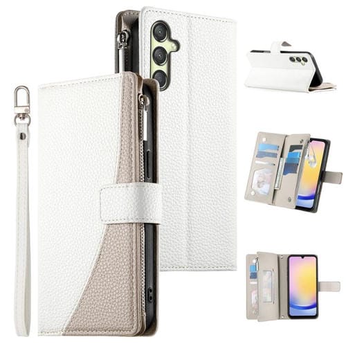 Funda de cuero tipo billetera con cremallera y múltiples tarjetas para Samsung Galaxy A25 5G, con costuras y correa corta (blanca)