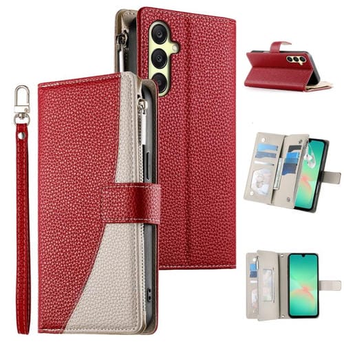 Funda de cuero con cremallera y múltiples tarjetas para Samsung Galaxy A26 5G / A16 / A17 4G con costuras y correa corta (roja)